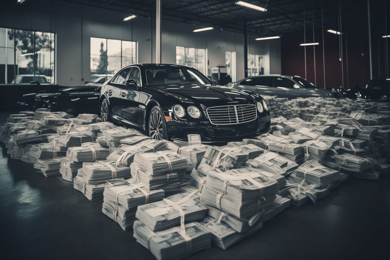 Car dealership with stacks of money around a vehicle